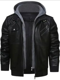 Black Leather Bomber Jacket with Hood