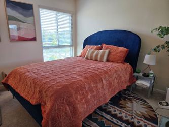 Blue velvet Queen bed frame (bedset optional, NOT mattress)