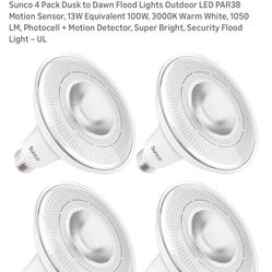 Sunco 4 Pack Dusk to Dawn Flood Lights Outdoor LED PAR38 Motion Sensor, 13W Equivalent 100W, 3000K Warm White, 1050 LM, Photocell + Motion Detector, S