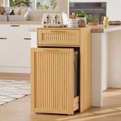 New Modern Fluted Pull-Out Trash Can Cabinet with Storage Drawer, Fits 13-Gallon Bin, Freestanding Kitchen Trash Cabinet, Natural Wood Finish, Trash C