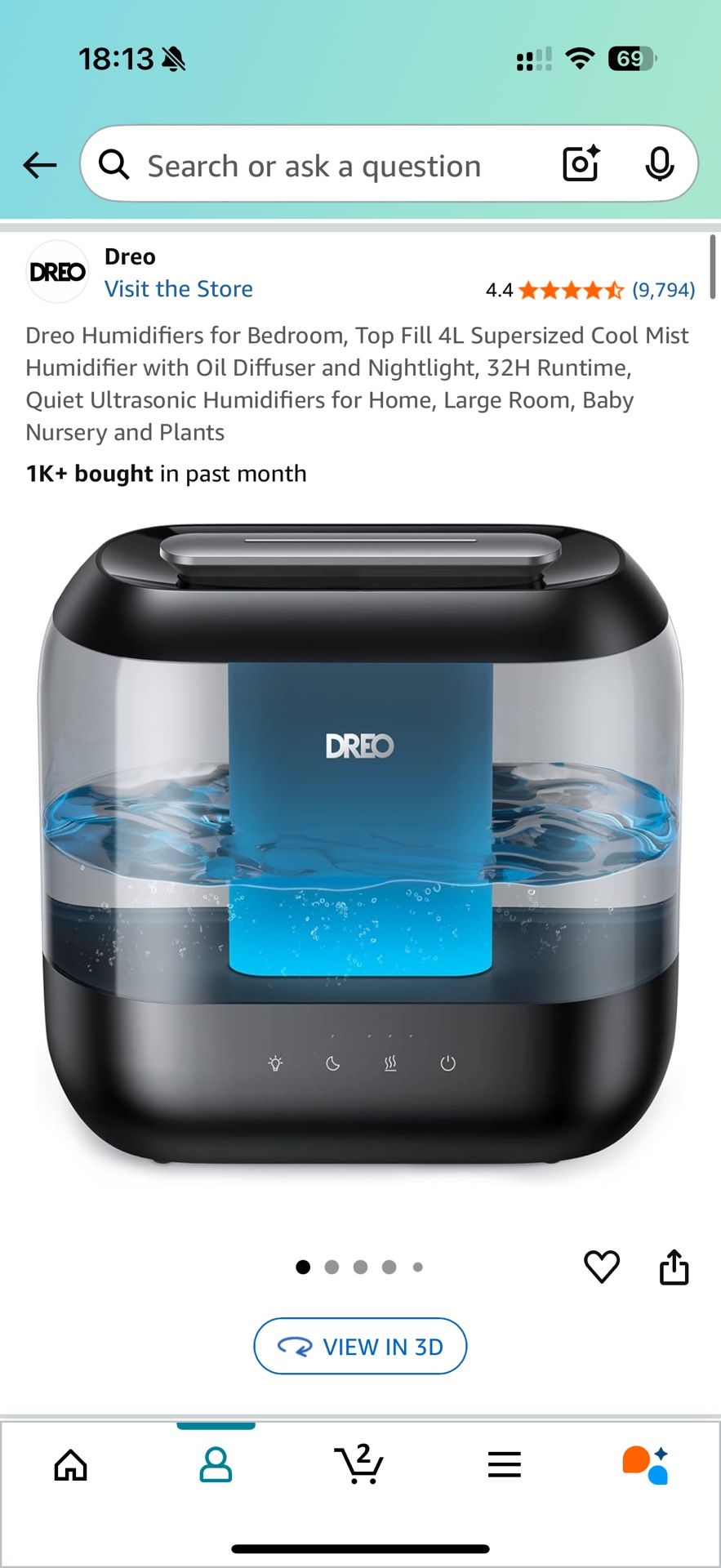 Dreo Humidifiers for Bedroom, Top Fill 4L Supersized Cool Mist Humidifier with Oil Diffuser and Nightlight, 32H Runtime, Quiet Ultrasonic Humidifiers