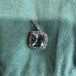 Solid 14K White Gold Cushion-Cut Lab-Grown Aquamarine Halo Pendant