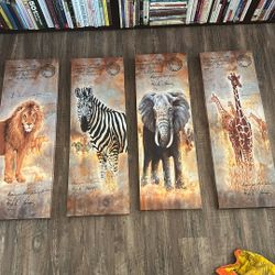 Four Animal Wilderness Wall Canvas Pictures 4’ By 1’ Each Lion Zebra Elephant Giraffe
