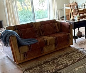 Vintage Southwestern Geometric Print Loveseat with Herringbone Parquet Wood Side Paneling