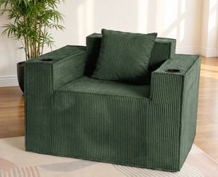 41.5" Boneless Chair, Green Corduroy Cloud Single Sofa with Cup Holders and Storage Pockets, Chaise Lounge Chair for Living Room, No Assembly Required