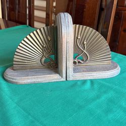 Brass Metal Nautical Style On Wood, 6 Inch Pair Of Collectible Vintage Bookends
