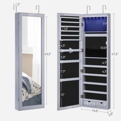 6 LEDs Mirror Jewelry Cabinet, Lockable Wall or Door Mounted