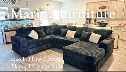 Large Dark Gray Corduroy Sectional Sofa with Chaise
