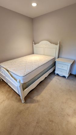 Bed, nightstand, mattress and box springs