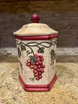 Like New Ceramic Grape Theme Cookie Jar, Wine Themed Decoration, Size 12 Inches Tall by 8 Inches Wide