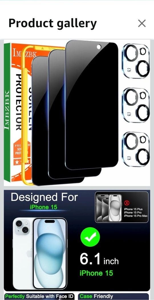 IMBZBK 3 Pack Privacy Screen Protector for iPhone 15 Tempered Glass | 9H Anti Spy | Case Friendly | with 3 Camera Lens Protector | 2.5D Curved | Trans