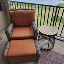 Outdoor Wicker Patio Chair, Ottoman, Table Set