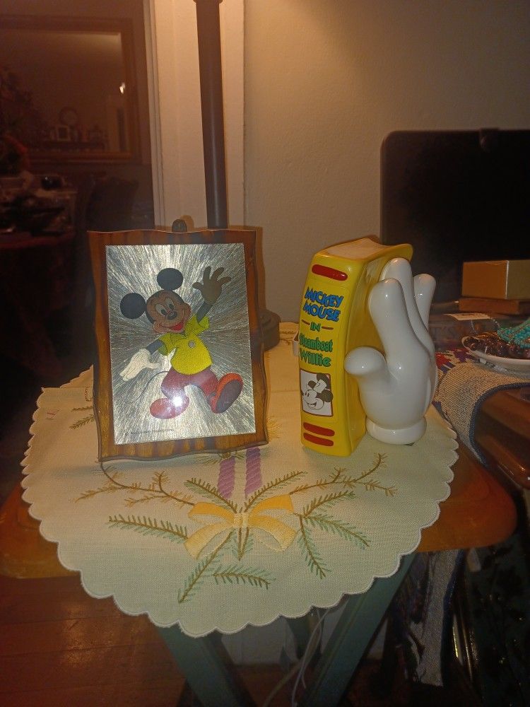 Vintage Mickey Hologram Portriat & Ceramic Hand Bookend