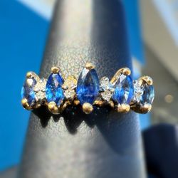 14k solid yellow gold Natural 0.5CTW Blue Sapphire 0.1CTW Diamond Ring Marquise & round cut sz6.5