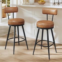 New Set of 2 Swivel Bar Stools, Mid-Century Modern Bar Chairs with Backrest, Faux Leather, Brown