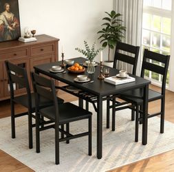 Grondin Modern Farmhouse Style 5-Piece Dining Room Table and Chairs Set, Small Kitchen Table Set with 4 Chairs and Storage Rack
