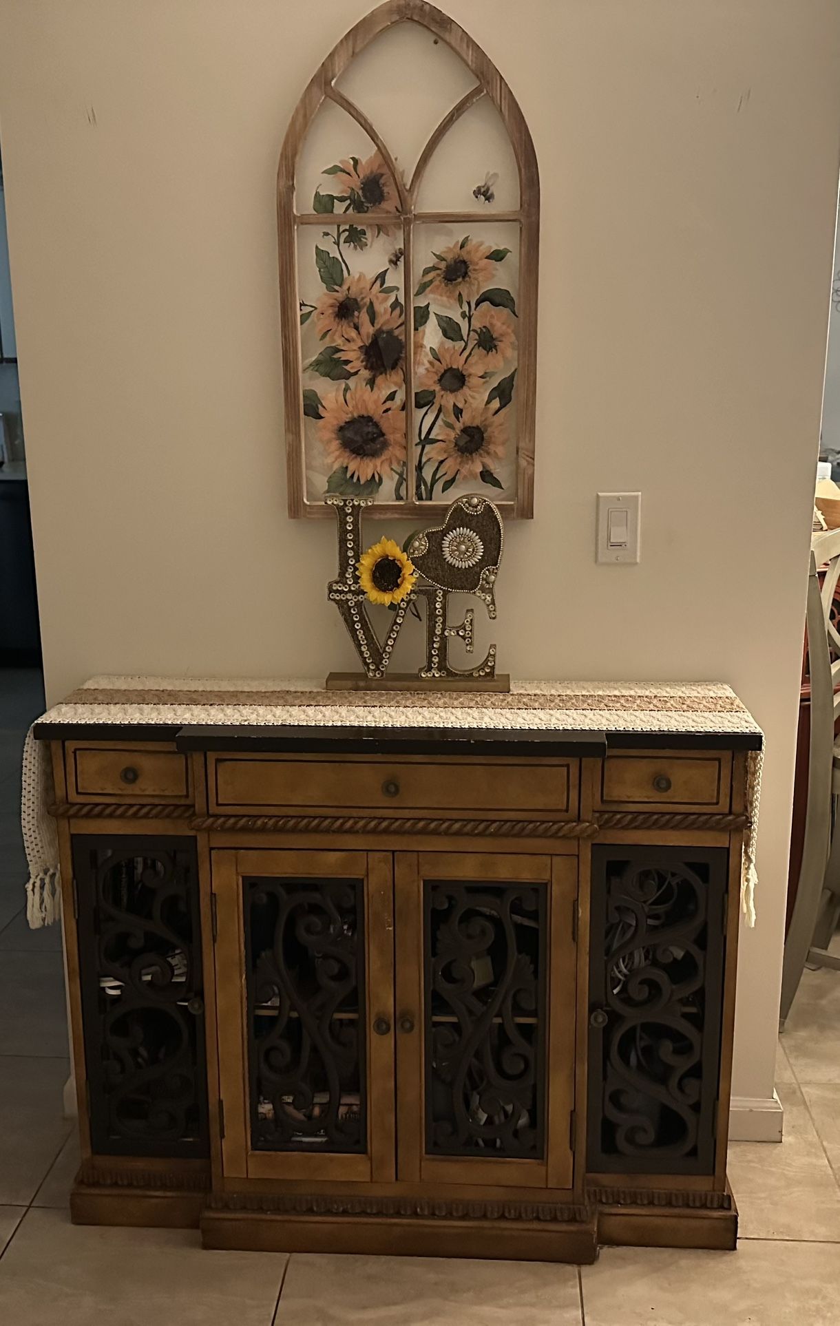 Wood Cabinet With Medal Inserts And Drawers 