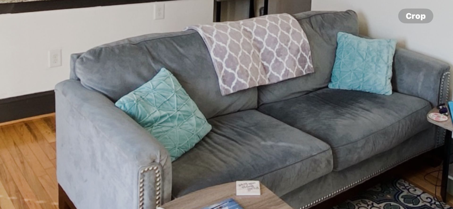 Light Blue/Grey Couch w/Bronze Studs Design