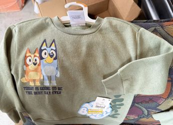 Bluey branded olive green fleece sweatshirt for toddlers, specifically a 12M size.  