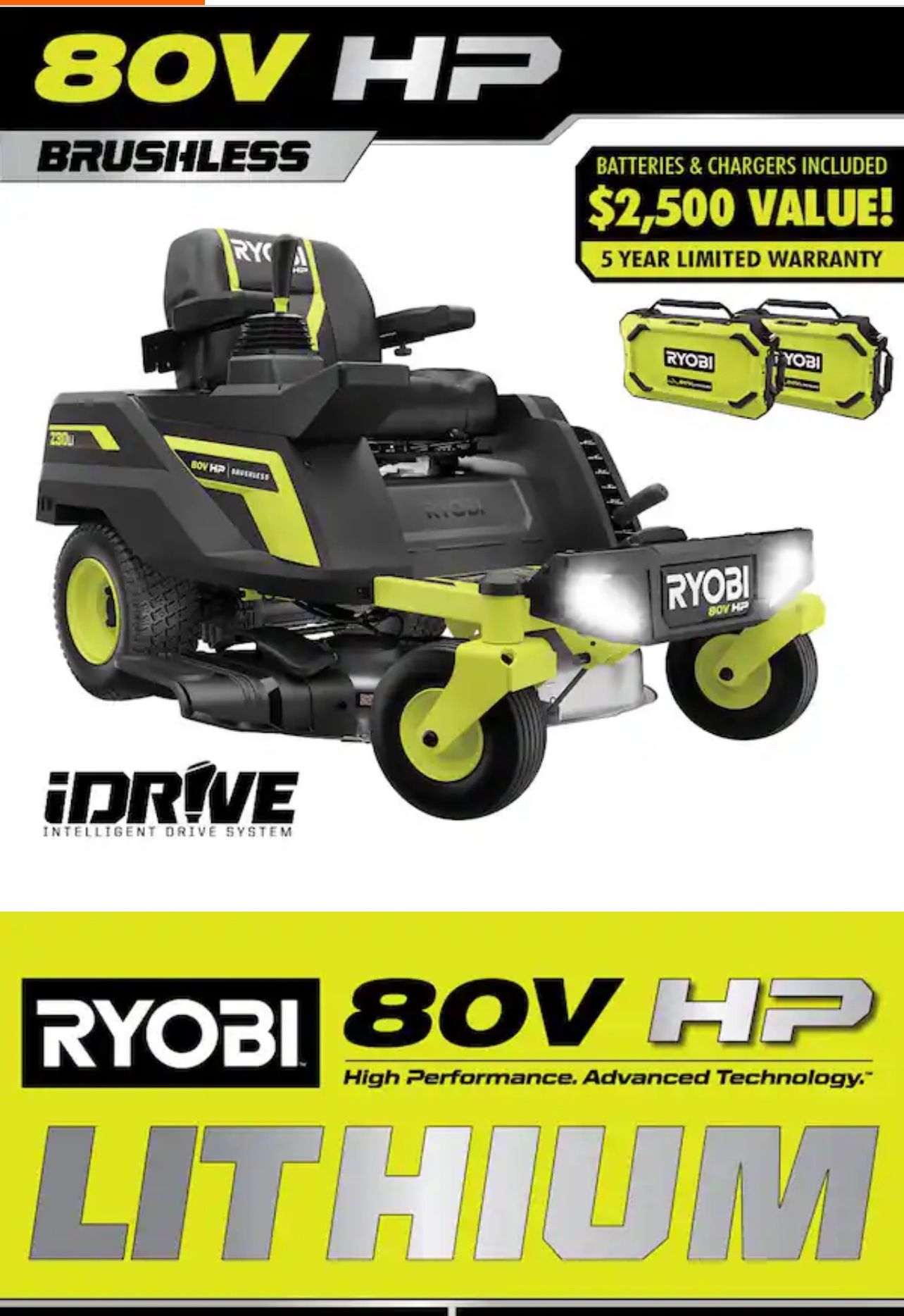 RYOBI 80V HP Brushless 30 in. Battery Electric Cordless Zero Turn Riding Mower with (2) 80V 10 Ah Batteries and Charger