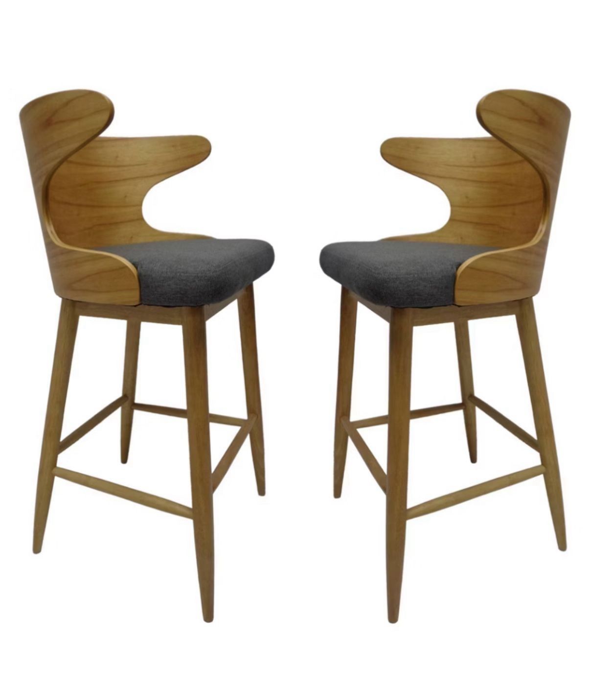 Kamryn Mid-Century Modern 30.25 in. Natural Wooden Bar Stools with Charcoal Fabric Seat Cushion (Set of 2)