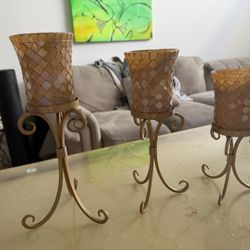 3 Piece Gold Mosaic Candle Holders 