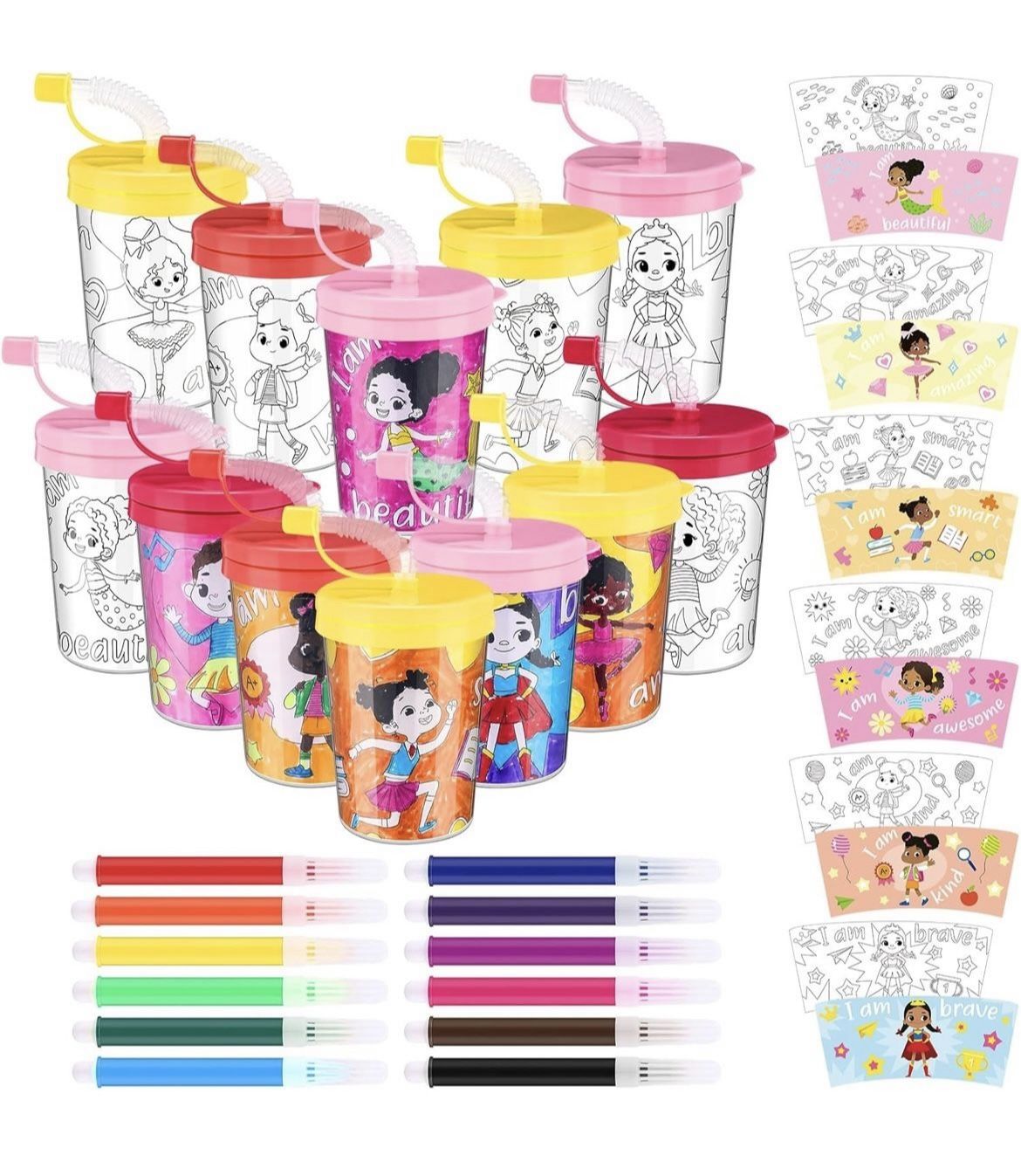 Funnymoom 12 Pcs Girls Coloring Cups with Watercolor Pen 8 oz Color Your Own Cups DIY Mug Kit Coloring Crafts Paintable Tumblers for NEW BRAND NEW