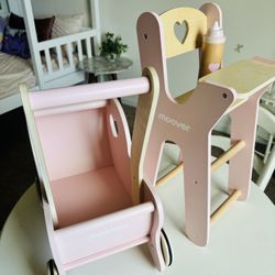 Moover Wooden Doll Stroller & High Chair Set – Pink