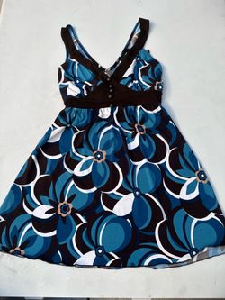 Y2K IZ Byer California Blue Brown Floral Knit Stretch V-Neck A-Line Dress S