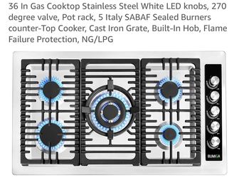 36 In Gas Cooktop Stainless Steel White LED knobs, 270 degree valve, Pot rack, 5 Italy SABAF Sealed Burners counter-Top Cooker, Cast Iron Grate, Built