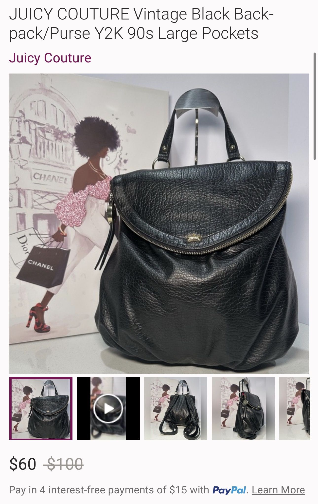 JUICY COUTURE Vintage Black Backpack/Purse Y2K 90s Large Pockets