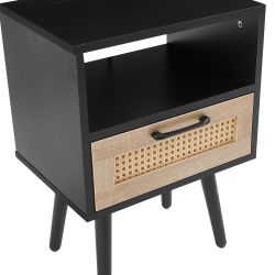 15.75 Rattan End table with drawer and solid wood legs, Modern nightstand, side table for living room, bedroom, black