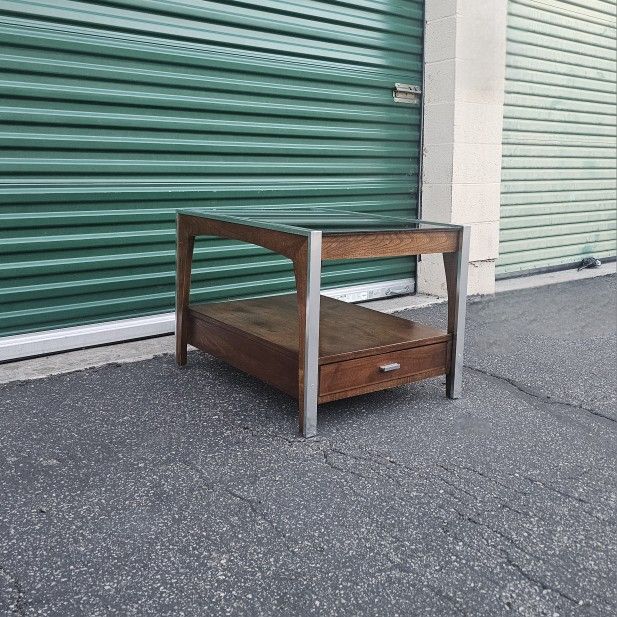 Vintage 1960s Mid Century Chrome & Walnut Side Table Single End Table Smoked Glass Retro