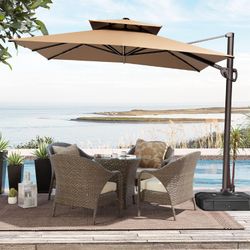 New 9ft X 11.5ft Luxury Two Tier Offset Cantilever Patio Umbrella CRESTLIVE Products Tan Offset Double Tier