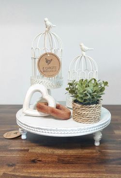 White Beaded Distressed Footed Tray Display Stand Riser Farmhouse French Country