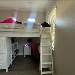 Full size bed with attached desk & shelves& drawers