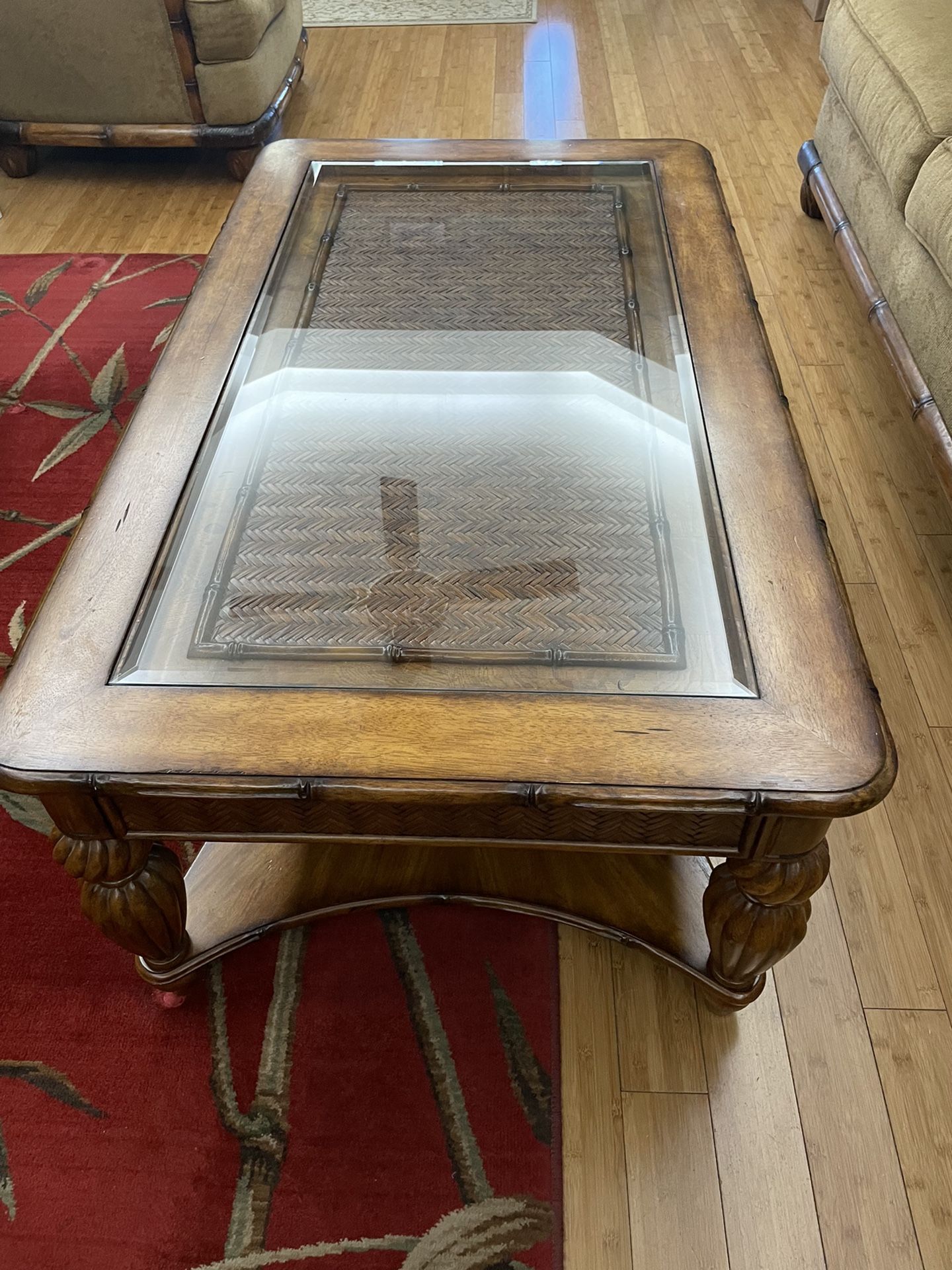 Coffee table, two end tables, two lamps and a console