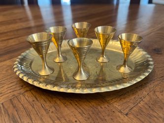 Vintage Set of 6 Brass Mini Hand-etched Goblets and Tray