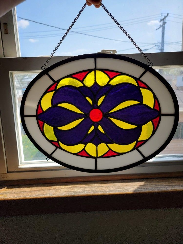 Vintage Stained Glass Suncatcher 15.5" × 12"