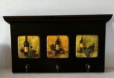 Tuscan Rustic Black Wine Themed Wall Shelf with Hooks