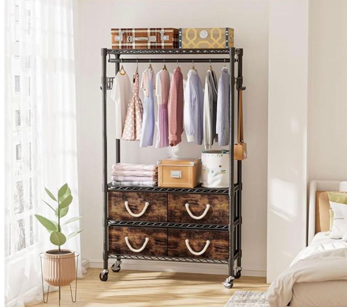 Barely Used Garment Rack with 4 Fabric Drawers