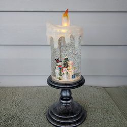 FLICKERING Lighted CANDLE SNOWMAN WATER SNOW GLOBE on HOLDER