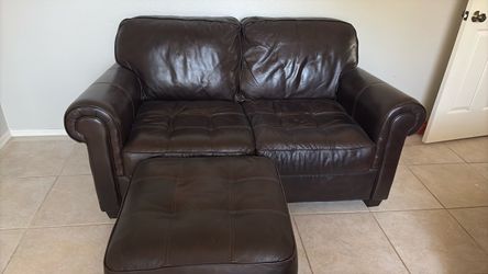 Dark Brown Leather Loveseat with Ottoman