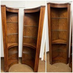 (2) Bassett Corner Bookcase. Corner Bookshelf Pair. Adjustable Glass Shelves. $99ea. Free to ask, I reply. 