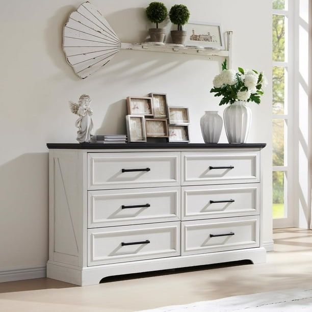 Farmhouse 6 Drawer Dresser, Rustic Wood Dresser Chest of Drawers for Bedroom,52'' Wide TV Stand with Large Drawers for Living Room, White