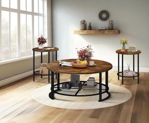 Round Coffee Table and End Table Set of 3 with Storage, Modern Vintage Dark Brown Coffee Table and Side Table for Living Room, Office, Apartment, Smal