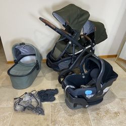 Uppababy Vista V2 Double Stroller with Bassinet and Car Seat Green