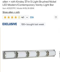 Allen + Roth Kinsley 37" 5-Light Brushed Nickel LED Modern/Contemporary Vanity Light Bar.