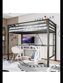 Matte black twin sized loft bed with mattress