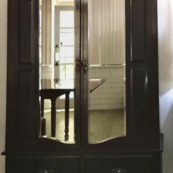 Armoire - Cherrywood w/beveled Mirror Cabinets & Ornate Carved Corners